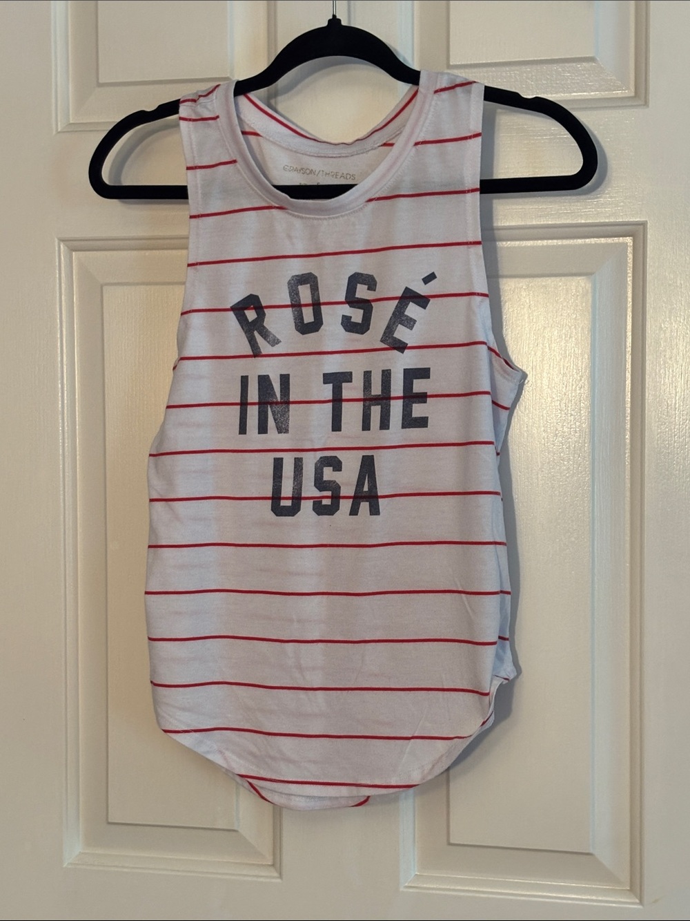 Grayson Threads White Muscle Tee with Red Stripes and Black Text